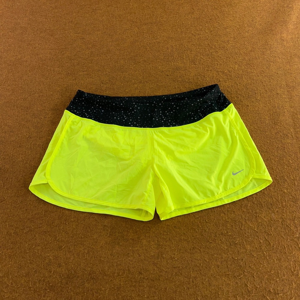 Nike Womens M Neon Yellow Dri-FIT Geometric Waistband Running Shorts
